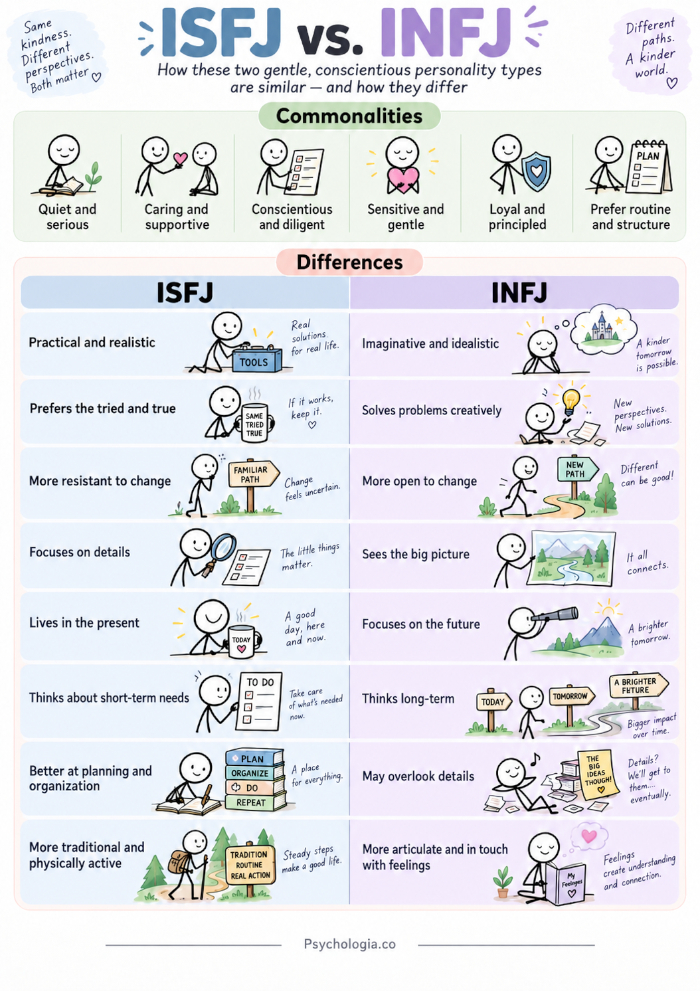 ISFJ vs. INFJ: 13 Commonalities and 17 Differences